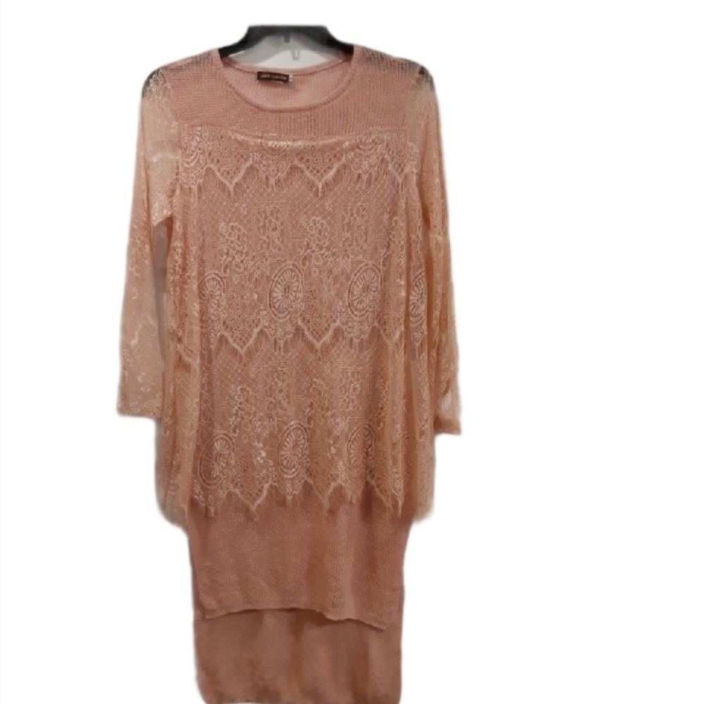 John Fashion Blush Pink Crochet Lace Layered Boho Women's Dress Size XL
